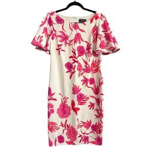 Jessica Howard White and Pink Floral Flutter Sleeve Midi Dress Size 12